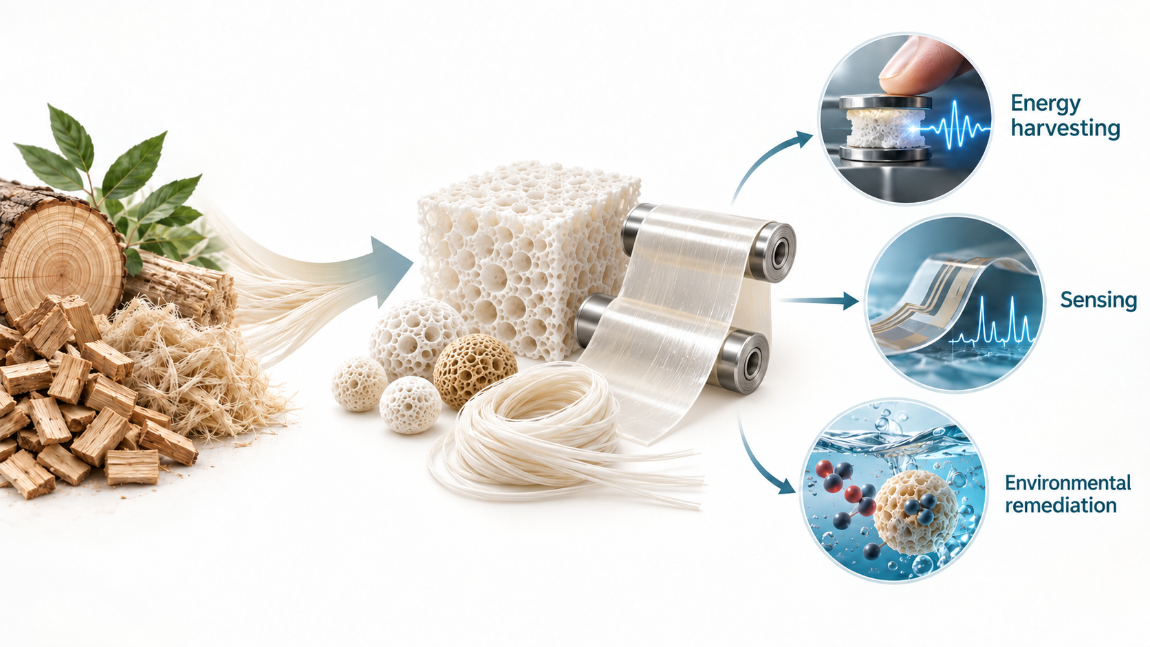 Research overview showing biomass fractionation into cellulose- and lignin-based functional materials for energy harvesting, sensing, and environmental remediation